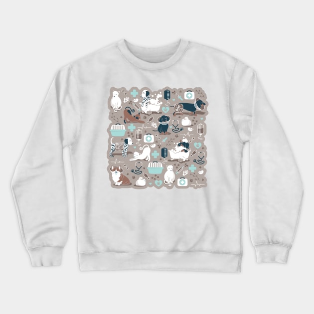 Veterinary medicine, happy and healthy friends // taupe brown background turquoise details navy blue white and brown cats dogs and other animals Crewneck Sweatshirt by SelmaCardoso